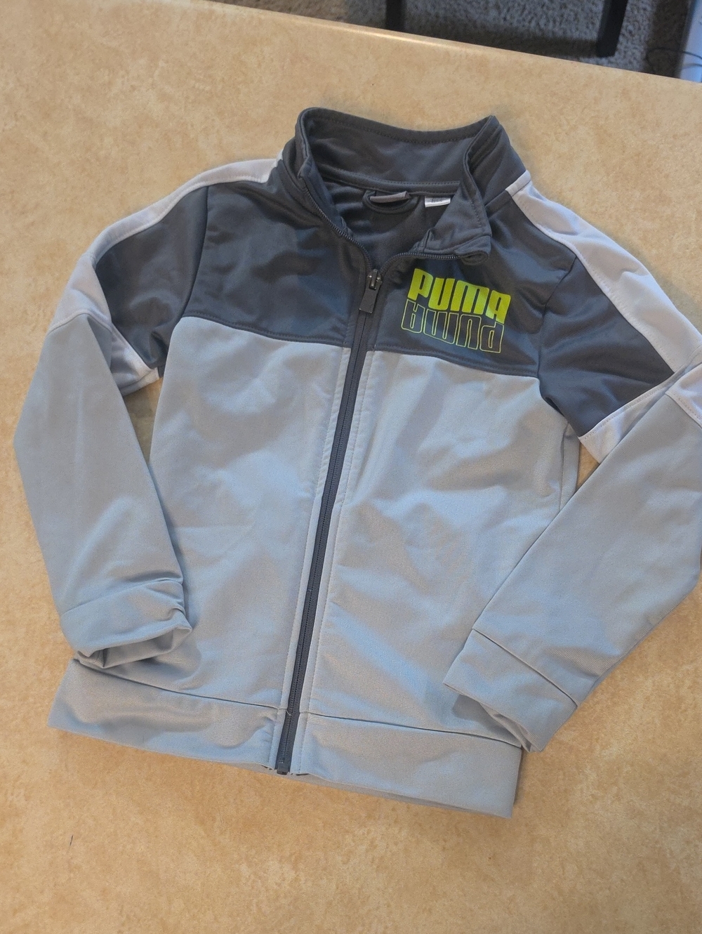 Puma Kids Light Gray and Dark Gray Zip Jacket with Neon Lime Logo